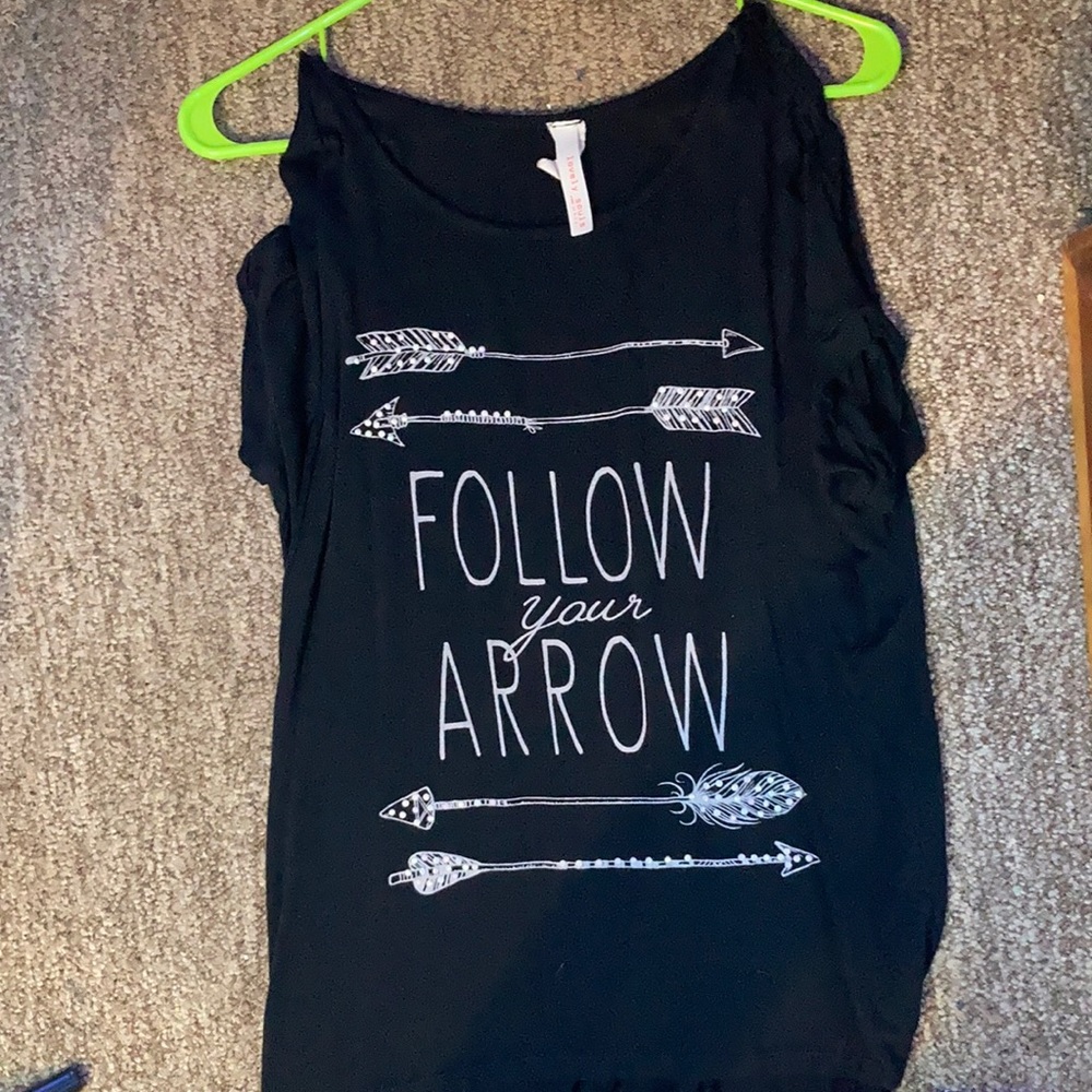 A follow your arrow open shoulder t-shirt